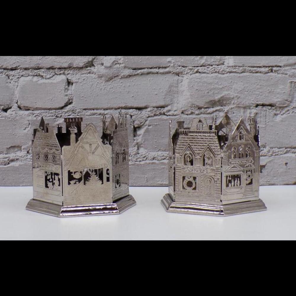 Adorable LUNT Silversmith Punched Silver Village Votive Candle Holders Set of 2